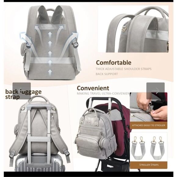 ROSEGIN Vegan Premium Leather Diaper Bag Backpack for Boy Girl Gray - Picture 11 of 13